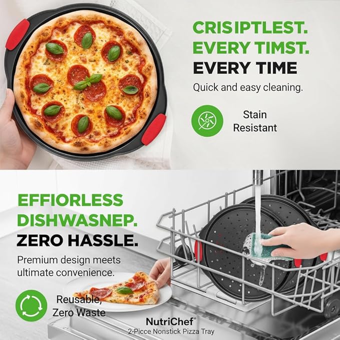 NutriChef 2-Piece 13-Inch Nonstick Pizza Tray, Round Carbon Steel Non-Stick Pizza Pan with Perforated Holes, Premium Bakeware Pizza Screen with Silicone Grip Handles, Dishwasher Safe, NCBPIZX2