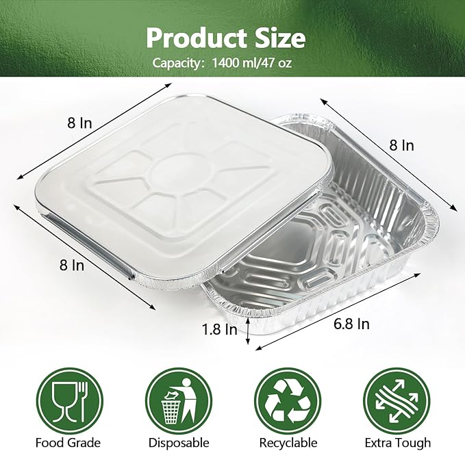 Thickened 50 Pack Heavy Duty Aluminum Pans with Lids, 8x8 Square Disposable Aluminum Baking Pans, Small Foil Pans with lids for Cooking, Meal Prep, Catering, Events, Carton Packaging