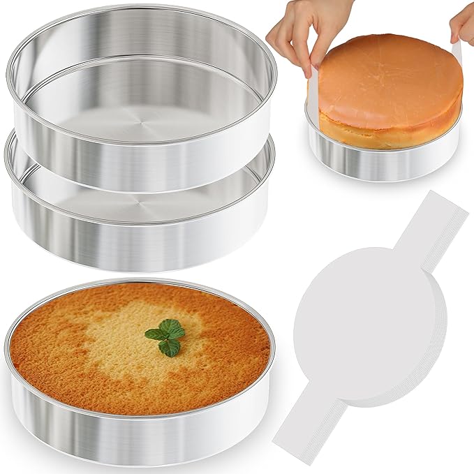 8 Inch Cake Pan Set of 3, Nonstick Stainless Steel Round Layer Cake Baking Pans with 100PCS Parchment Papers, Cake Tins for Birthday Christmas, Healthy & Non-Toxic, Easy Clean & Dishwasher Safe