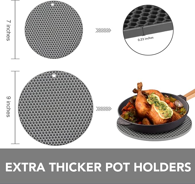 Joyhalo Trivets for Hot Dishes - Hot Pads for Kitchen, Silicone Pot Holders for Hot Pots and Pans, Silicone Mats for Kitchen Countertops, Table, Flexible Easy to Wash and Dry, Grey