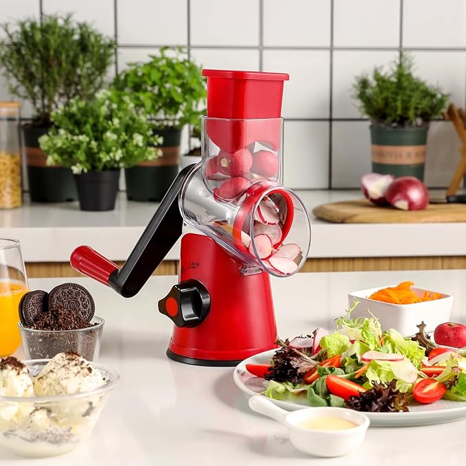 Cheese Grater Rotary, Rotary Grater for Kitchen, Kitchen Grater Vegetable Slicer with 3 Drum Blades, Fast Cutting Cheese Shredder for Vegetables and Nuts