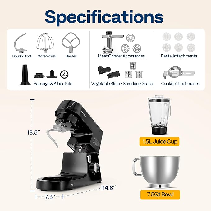 VIVOHOME 9 in 1 Multifunctional Stand Mixer with Fermentation, 6 Speed 7.5 Quart Kitchen Electric Food Mixer with Timer, Meat Grinder, Juice Blender, Vegetable Slicer, Pasta and Cookie Maker, Black