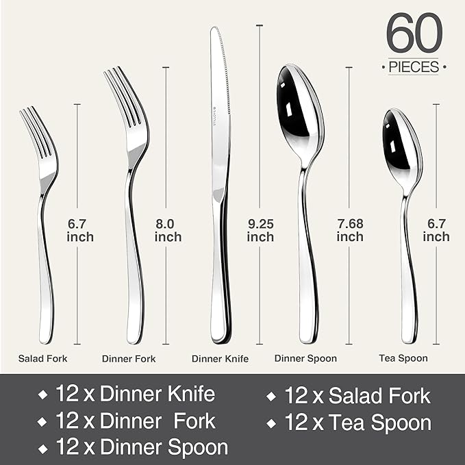 Silverware Set for 12, 60 Piece 18/10 Stainless Steel Flatware Utensils Cutlery Set, Mirror Polished knives Forks and Spoons Silverware Sets,Dishwasher Safe for Dinner Home Kitchen Wedding Party