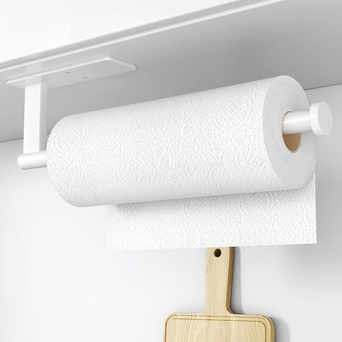 Paper Towel Holder Under Cabinet - Stainless Steel Paper Towel Holder Wall Mount, Self-Adhesive or Drilling, Matte White Towel Rack for Kitchen Organization and Storage, Kitchen Paper Roll Holder