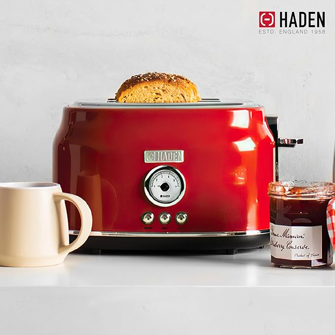 Haden Dorset 2 Slice Wide Slot Stainless Steel Toaster with Adjustable Browning Control & Non-Slip Feet, Rectory Red