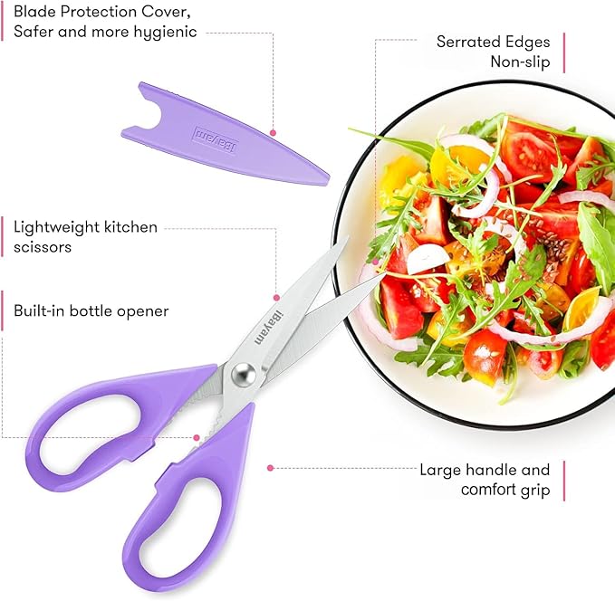 iBayam Kitchen Scissors, Purple Kitchen Utensils Accessories, All Purpose Heavy Duty Meat Scissors, Poultry Shears, Dishwasher Safe, Stainless Steel, 2-Pack, Pastel Pink, Soft Purple