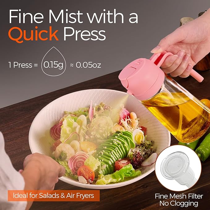 YARRAMATE 16oz/470ml Oil Sprayer for Cooking with Stickers, Food-grade Premium 2 in 1 Olive Oil Dispenser Bottle for Kitchen Gadgets, Air Fryer, Salad, Frying, BBQ (Pink)