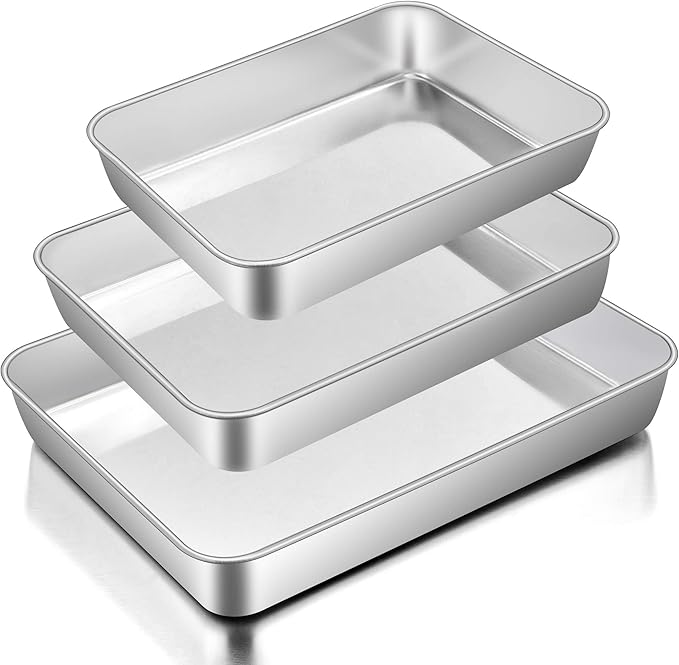 E-far Baking Pans Set of 3, Stainless Steel Sheet Cake Pan for Oven - 12.5/10.5/9.4Inch, Rectangle Bakeware Set for Cake Lasagna Brownie Casserole Cookie, Non-toxic & Healthy, Dishwasher Safe