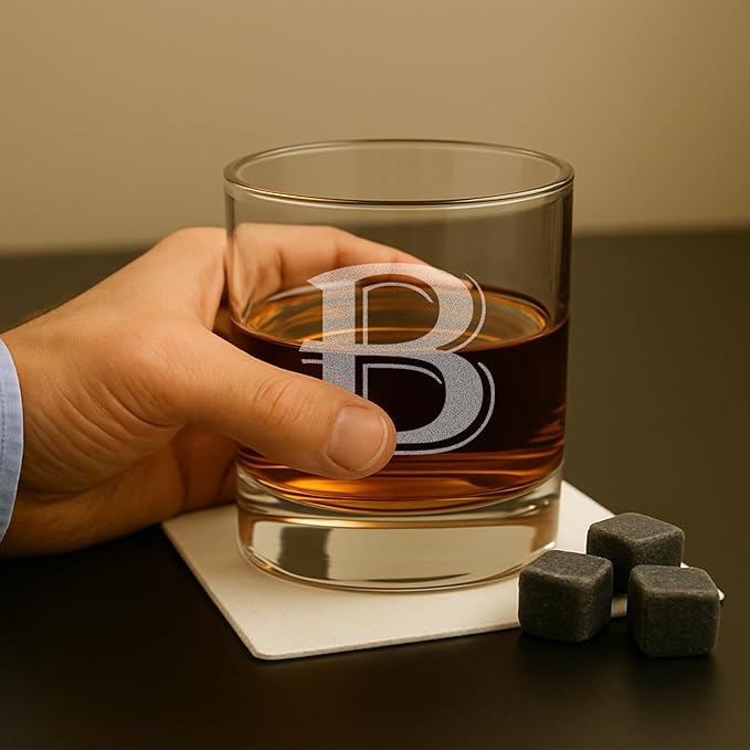 On The Rox Drinks 4 Piece Glass Set Engraved with B-Monogram, 11-Ounce