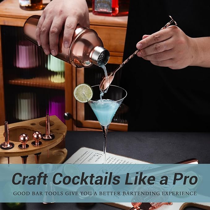 Cocktail Shaker Set Bartender Kit with Stand, 12 Piece Bar Set Drink Mixer Set with Stainless Steel Bar Accessories Tools: 25oz Martini Shaker Jigger Strainer Spoon Muddler for Cocktails (Rose Gold)