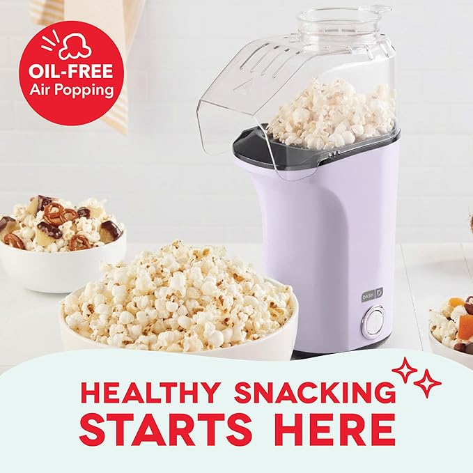 DASH Hot Air Popcorn Popper Maker with Measuring Cup to Portion Popping Corn Kernels + Melt Butter, 16 Cups - Lavender