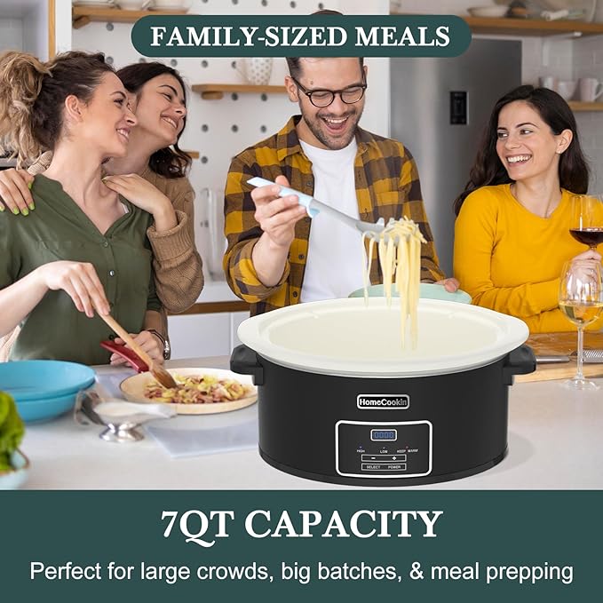 HOMECOOKIN 7-Quart Programmable Slow Cooker with Timer Keep Warm - Small Kitchen Appliance for Family Dinners - Serves 6+ People (Black)