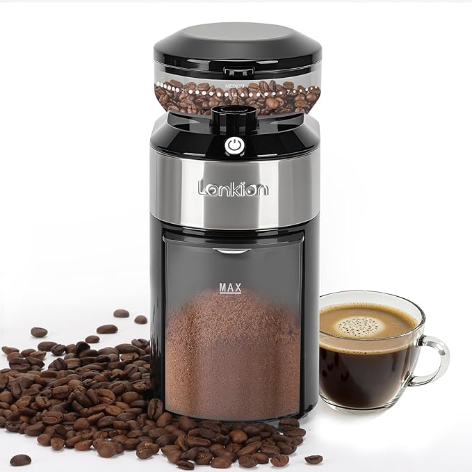 Lonkion Burr Coffee Grinder - Electric Coffee Bean Grinder with 28 Adjustable Grind Settings For 2-12 Cups - Adjustable Coffee Grinders for Home Use - Easy to Use - Stainless Steel