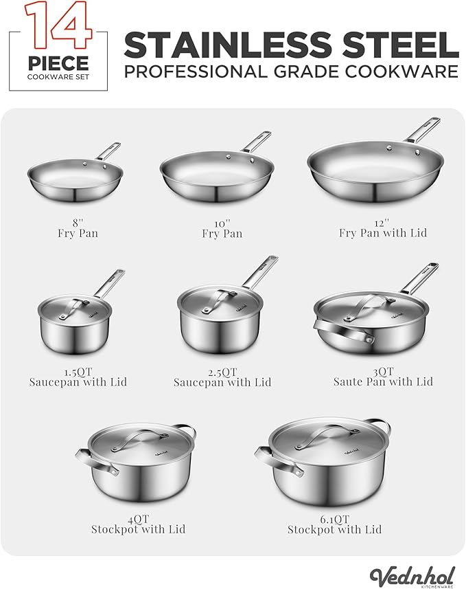 Stainless Steel Cookware Set, 14 Pcs Tir-Ply Pots and Pans Set, PFOA&PTFE Free, Dishwasher&Oven Safe, Kitchen Induction Compatible, ollas de acero inoxidable para cocinar