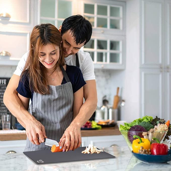 Fotouzy Flexible Plastic Cutting Board Mats with Food Icons, BPA-Free, Non-Porous, 100% Non-slip Back and Dishwasher Safe, Unique Modern Neutral Colors, Set of 4