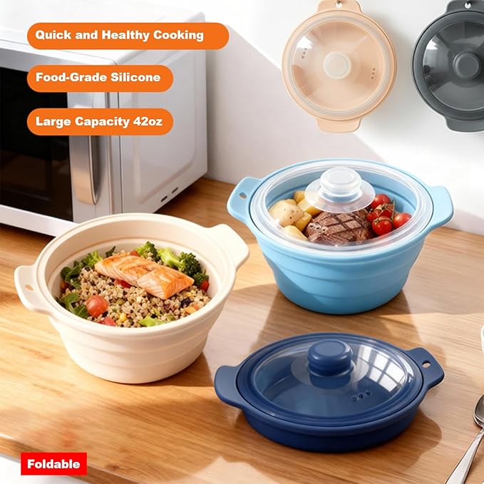 42oz Silicone Microwave Steamer For Vegetables, Cooker For Microwave with Handle & Lid, Collapsible Steam Pot, Heat-Resistant Cooker with Steam Holes, BPA Free, Dishwasher Safe (Blue), 1 Pack