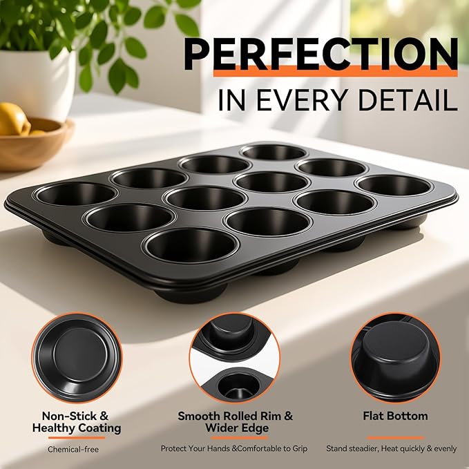 Yoehka 2 Pack Muffin Pan for Baking, Nonstick Cupcake Pan Set, Standard 12-Cups Muffin Tin for Baking Cupcakes, Carbon Steel Baking Supplies