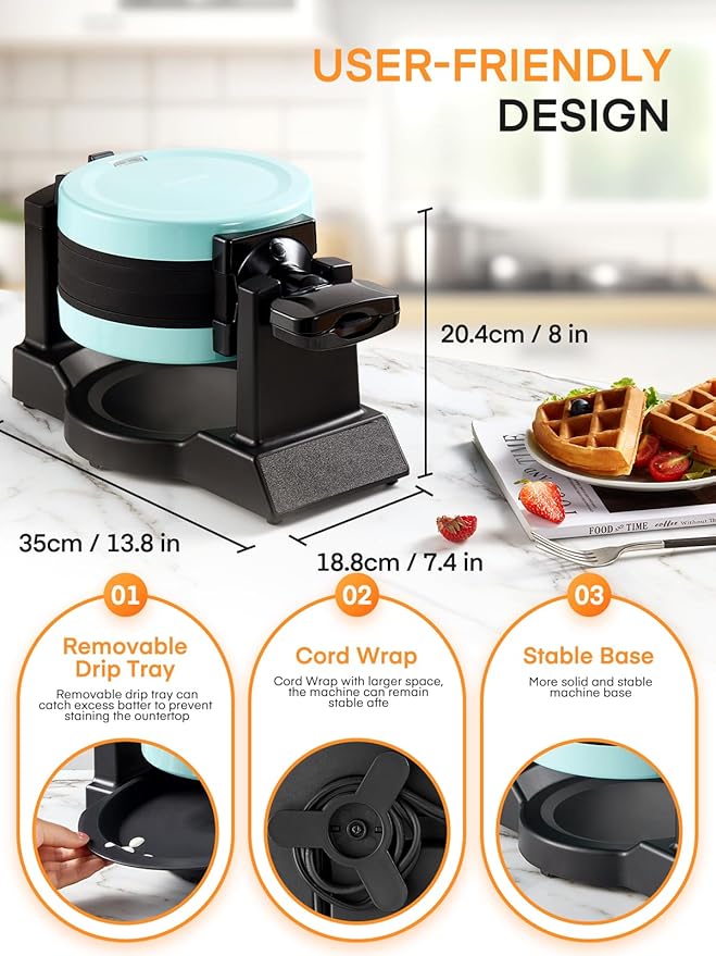 Waffle Maker, 1400W Double Belgian Waffle Iron 180° Flip, 8 Slices in 3 Mins, Rotating & Nonstick Plates, Anti-Scald, Removable Drip Tray Easy to Clean, Cool Touch Handle, Space-Saving (Mint Blue)