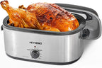 22 Quart Electric Turkey Roaster Oven with Self-Basting Lid Design, Large Stainless Steel Roaster Oven with Removable Pan & Rack, Silver