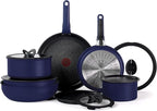 T-fal Ingenio Expertise Non Stick Cookware Set 14 Piece, Induction Oven Broiler Safe 500F, Detachable/Removable Handle, Kitchen, Pots and Pans, RV, Camping, Fry Pans, Saucepans, Dishwasher Safe, Blue