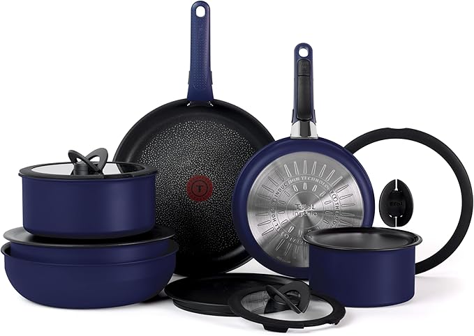 T-fal Ingenio Expertise Non Stick Cookware Set 14 Piece, Induction Oven Broiler Safe 500F, Detachable/Removable Handle, Kitchen, Pots and Pans, RV, Camping, Fry Pans, Saucepans, Dishwasher Safe, Blue