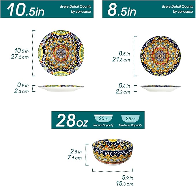vancasso 12 Pieces Dinnerware Sets, Dark Green Plates and Bowls Set, Porcelain Dishes Set for 4, Microwave and Dishwasher Safe, Scratch Resistant, Bohemian Style Dining Ware Service for 4, Series SIMI