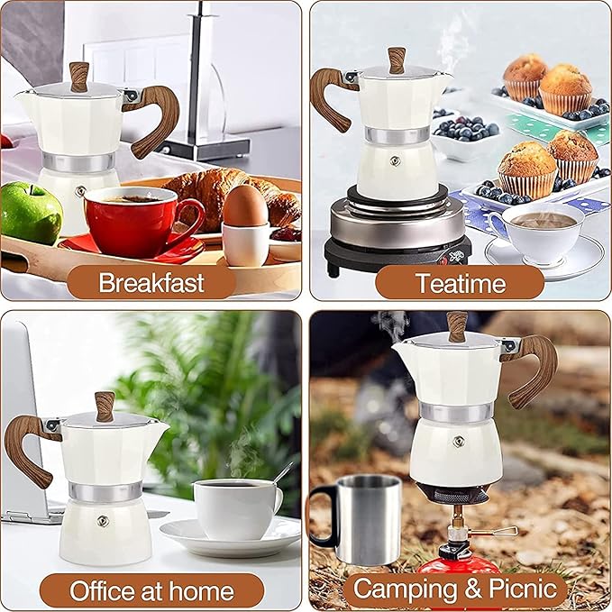 MORDEN MS Moka Pot, Stovetop Espresso Maker 6 Cup/10 OZ Italian Coffee Maker Camping Coffee Pot Manual Cuban Coffee Percolator for Cappuccino or Latte- White