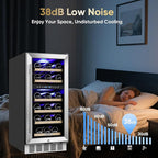 15 Inch Wine Cooler Under Counter, 30 Bottle Dual Zone Wine Fridge with Stainless Steel Glass Door, Built-In or Freestanding Wine Cellar with Digital Temperature Control for Home, Kitchen, or Office