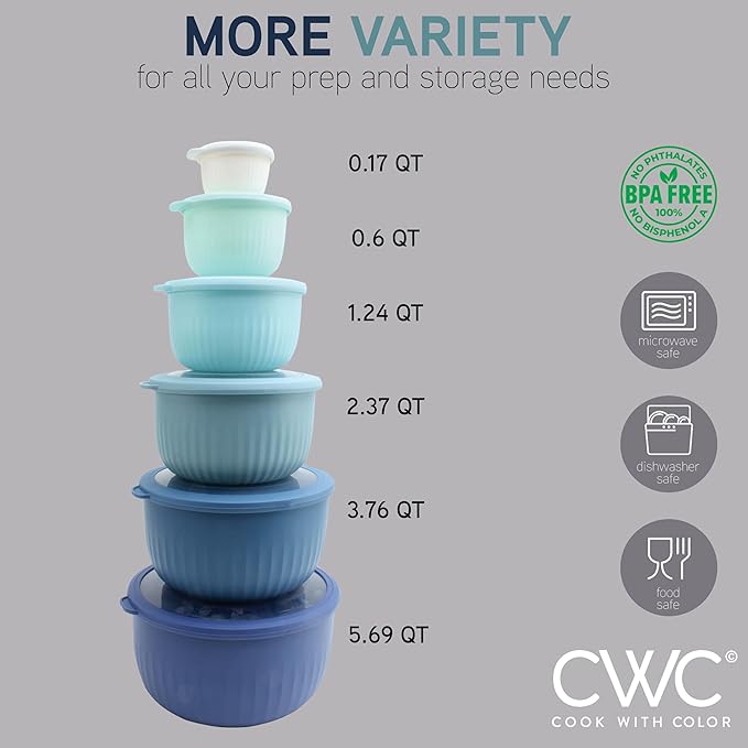 COOK WITH COLOR Prep Bowls with Lids- Wide and Deep Nesting Plastic Small Mixing Bowl Set with Lids, 12 Piece Set - Deep Bowls, Blue