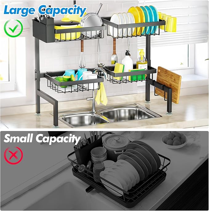 SNSLXH 4 Baskets 2-Tier Over The Sink Dish Drying Rack, 26.57"-35", Large Sink Rack for Kitchen, Extensible and Adjustable, Saving Kitchen Space