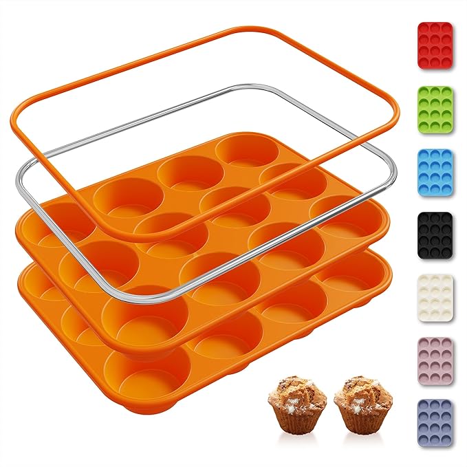 2 Pack 12 Cups Silicone Muffin Pan with Metal Reinforced Frame Regular Size Silicone Molds Cupcake Cake Baking Pans Cookie Baking Chocoflan Cupcake Mold Baking Homemade Muffins Cupcakes Egg Bites
