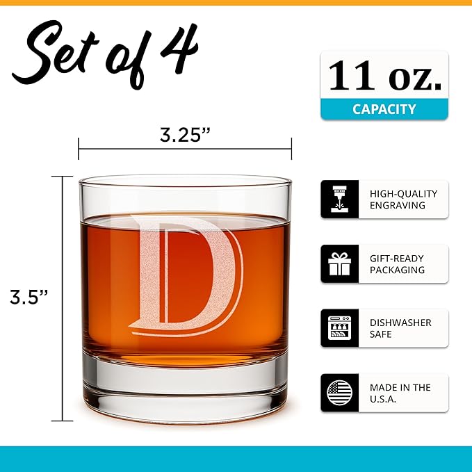 Monogrammed Gifts for Men - 4PC 11 Oz Custom Whiskey Glasses (D-Monogram) - Engraved Whiskey Glasses - Personalized Rocks Glasses - Unique Bourbon Glasses - Personalized Glass Gifts for Dad
