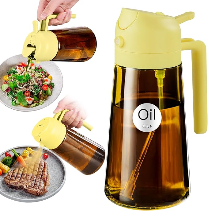 YARRAMATE 16oz/470ml Light Blocking Oil Sprayer for Cooking with Stickers, Food-Grade 2 in 1 Olive Oil Dispenser Bottle for Kitchen, Premium Dark Amber Glass Oil Bottle for Air Fryer, BBQ (Pomelo)