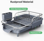 SNTD Dish Drying Rack, Expandable Dish Rack for Kitchen Counter, Stainless Steel Dish Drainer with Drainboard Set and Utensil Holder (Gray)