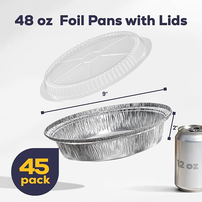 Fit Meal Prep 45 pack 9" Round Aluminum Foil Pans with Clear Dome Lids, Pie Tins Disposable 9 inch with Lids, Take Out Containers, Freezer Oven Safe Aluminum Baking Pans for Storing, Cooking, Storage