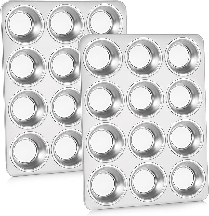 P&P CHEF Muffin Pan Cupcake Baking Pan Set, Stainless Steel Muffin Tin Tray for Mini Cake Tart Quiche, Oven & Dishwasher Safe, Non-toxic & Heavy-duty, (12 Cup, 2Pcs)