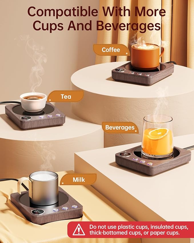 SWEETFULL Coffee Mug Warmer – 36W Coffee Cup Warmer for Desk with Smart Display & Auto Shut-Off, Candle Warmer, Electric Cup Warmer for Coffee, Milk and Tea, for Women & Men (Wood)