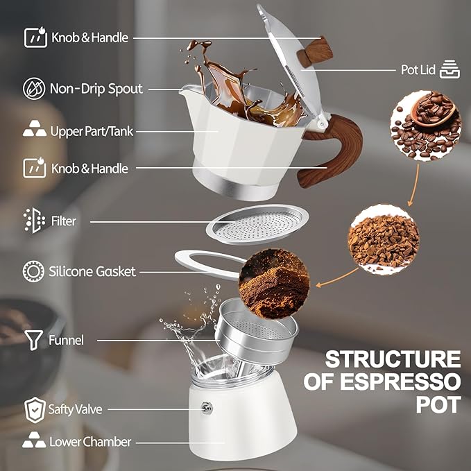 Aluminum 3 Cup 150ml Moka Pot Express Coffee Maker Stovetop Espresso Colorful Coffeemaker Italian Classic Style Brewing Greca Cafe Mocha Machine for Cafeteras Lover Camping Travel and Home Use 5oz