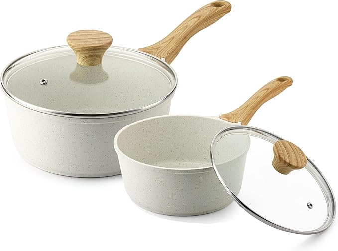 SENSARTE White Ceramic Nonstick Saucepan with Lid Set, Small Cooking Pot with Stay Cool Handle, Induction Compatible Saucepot, White Granite Coating, PFOA/PFAS Free, 1.5 + 2.5QT