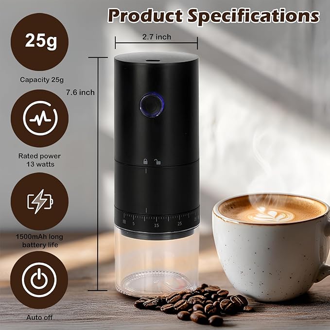 Portable Electric Coffee Grinder with 38 Adjustable Grind Settings, 1500mAh Rechargeable Battery, Portable Coffee Grinder,For Home, Office & Travel Use etc