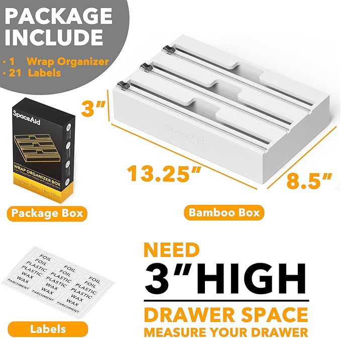 SpaceAid WrapNeat 3 in 1 Wrap Organizer with Cutter and Labels, Plastic Wrap, Aluminum Foil and Wax Bamboo Dispenser for Kitchen Storage Organization Holder for 12" Roll (White)