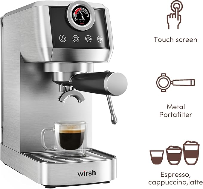wirsh Espresso Machine, 20 Bar Semi-Automatic Espresso Maker with Pressure Gauge, Steam Wand, Stainless Steel Expresso Coffee Machine for Espresso/Latte/Cappuccino, Touch Screen,Home Barista Plus