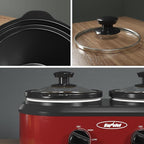 2 * 1.25 Quarts Dual Slow Cooker, Buffet Server & Warmer with 2 Removable Ceramic Pots, 3 Adjustable Temp Settings & 2 Visible Glass Lids, Stainless Steel, Red