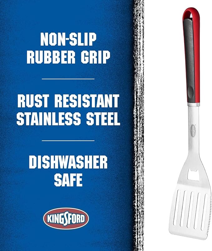 Kingsford Stainless Steel BBQ Grill Spatula, Wide Metal Blade for Confident Flips, Beveled Edge for Easy Slide Under Burgers and Fish, Comfortable Red and Black Grip, Hanging Loop - 2 Count