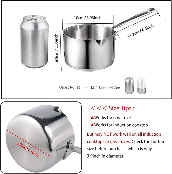 IMEEA 10oz/300ml Butter Coffee Milk Warmer Mini Butter Melting Pot with Dual Pour Spout 18/10 Tri-Ply Stainless Steel