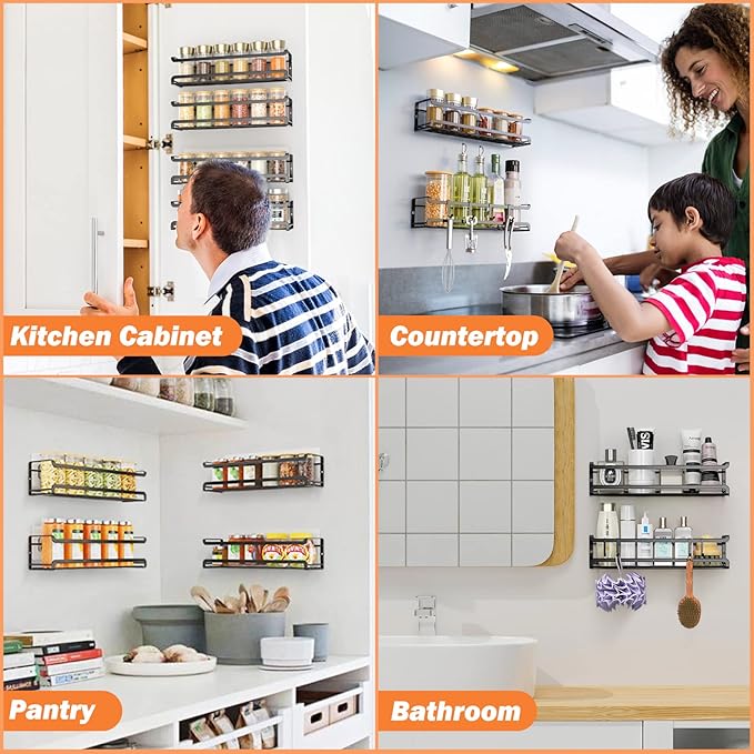 Bunoxea Spice Rack Wall Mounted 4 Pack,Space-Saving Spice Organizer for Spice Jars and Seasonings,Screw or Adhesive Hanging Spice Rack Organizer for Your Kitchen Cabinet,Pantry Door,11.41x2.75x2.75in