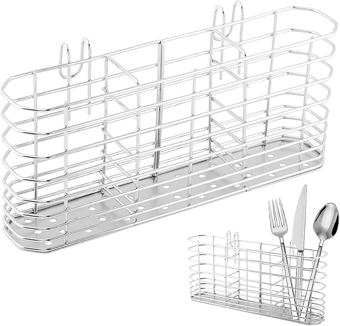 Utensil Drying Rack, 304 Stainless Steel Utensil Organizer Holder No Drilling Kitchen Drainage Basket with 3 Divided Compartments(COLOR:Silver)