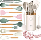 Silicone Cooking Utensils Set - AVGPD Silicone Kitchen Utensils for Cooking Wooden Handles, 446°F Heat Resistant Kitchen Utensil Spatula Sets, Gadgets for Non-Stick Cookware BPA FREE (Multicolour)