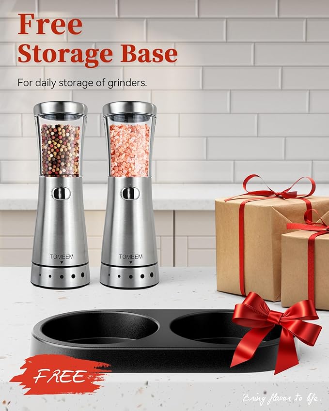 Electric Salt and Pepper Grinder Set with Storage Base, Stainless Steel Rechargeable Salt and Pepper Grinder Set with 4.5 oz Large Capacity, 1.8" Wide Mouth, Adjustable Coarseness, Ideal for Kitchen