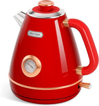 Hazel Quinn Retro Electric Kettle - 1.7 Liters / 57.5 Ounces Tea Kettle with Thermometer, All Stainless Steel, Fast Boiling 1200 W, BPA-free, Cordless, Rotational Base, Automatic Shut Off - Ruby Red